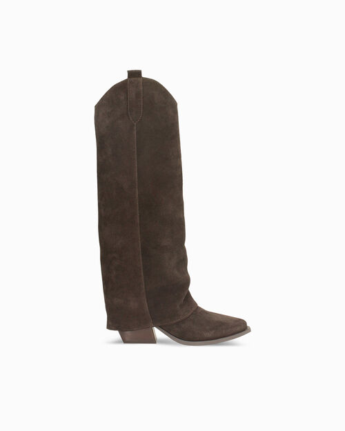 Stivali texani in camoscio testa di moro con tacco 7,2 cm, DK BROWN