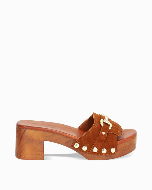 Zoccoli da donna con morsetto color cognac, COGNAC