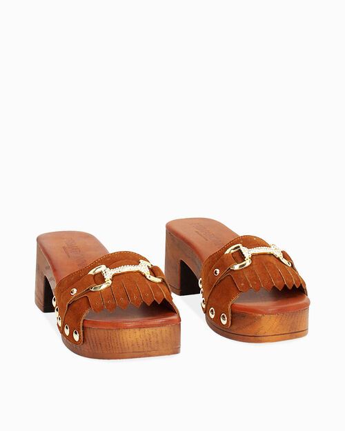 Zoccoli da donna con morsetto color cognac, COGNAC