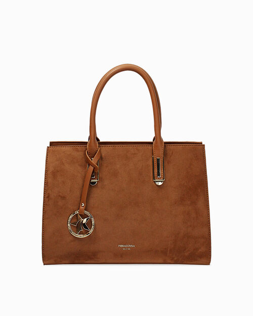 Borsa a mano cognac con tasche multiple, COGNAC