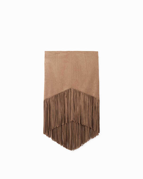 Gonna in microfibra camel con frange, CAMEL