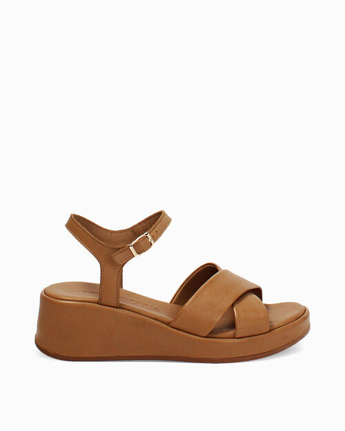 Zeppe in pelle cognac tacco 5,2 cm, COGNAC
