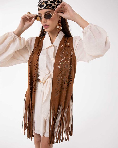 Gilet cognac elegante con dettagli raffinati, COGNAC