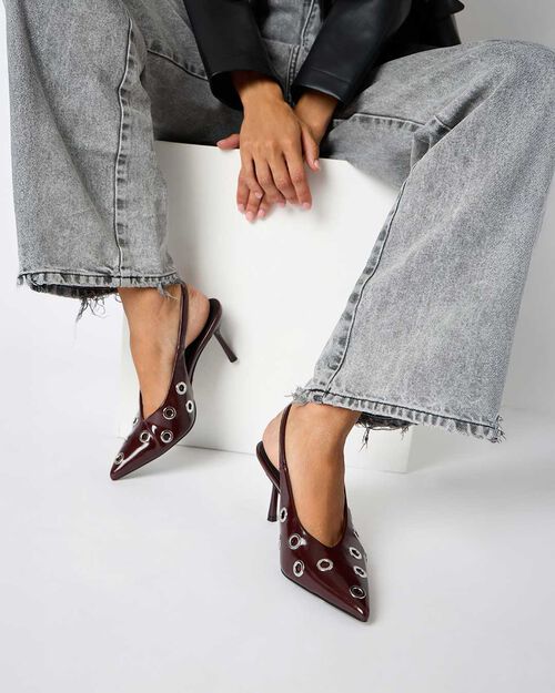 D&eacute;collet&eacute; slingback bordeaux con obl&ograve;,  tacco 8 cm, BURGUNDY