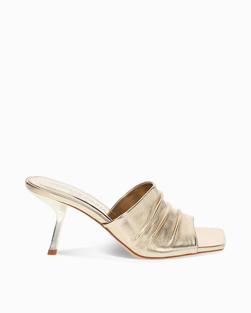 Mules open toe donna oro in laminato, tacco 7,5 cm, GOLD